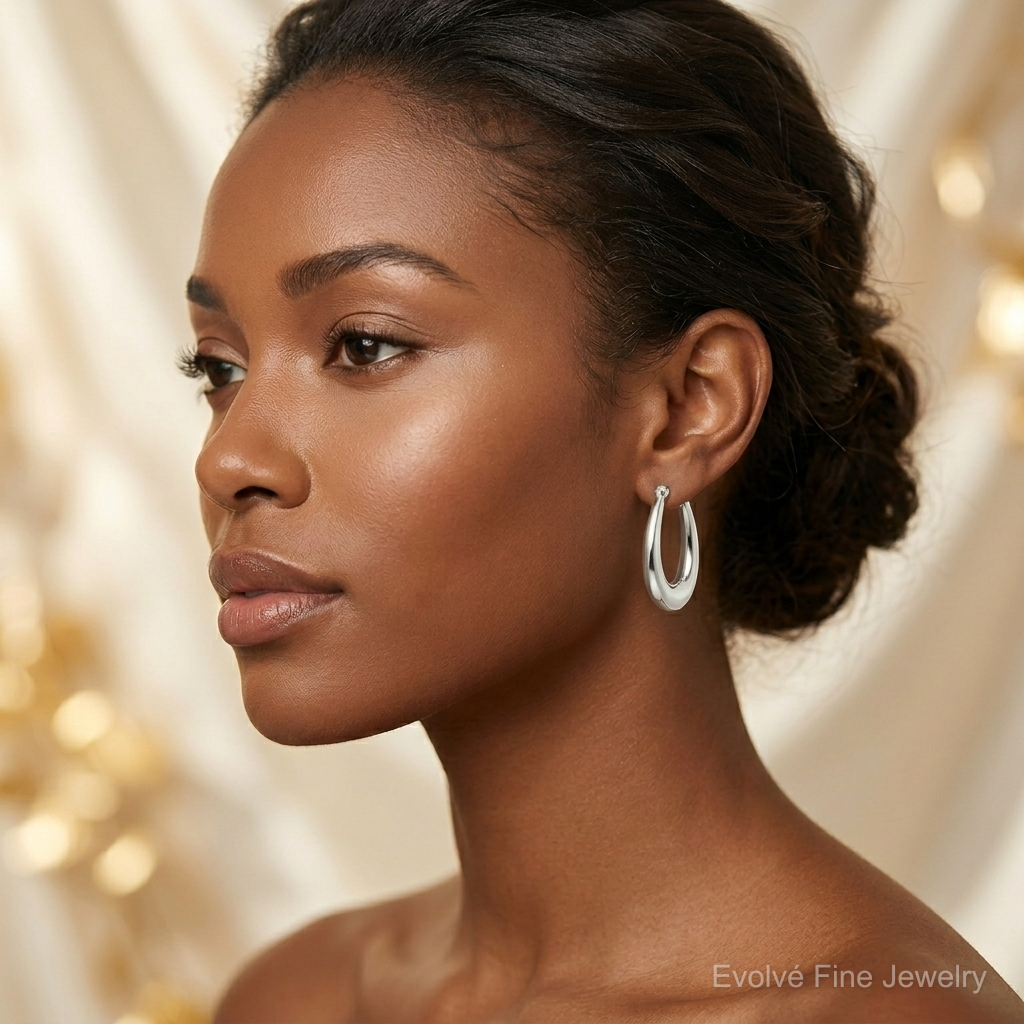 Sterling Silver Polished & Tapered Oval Hoop Earrings - Model Shot