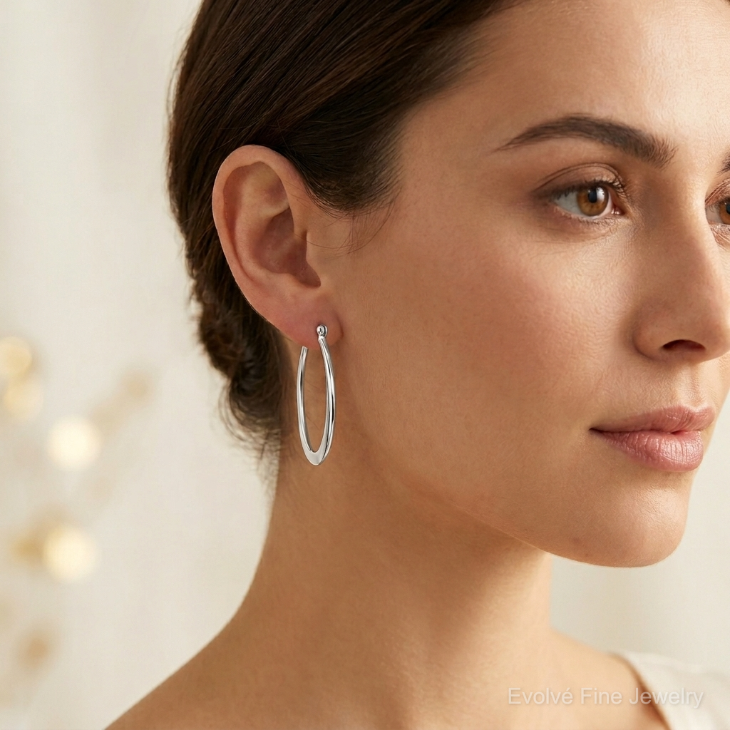 Sterling Silver Polished & Tapered Oval Hoop Earrings - Model Shot