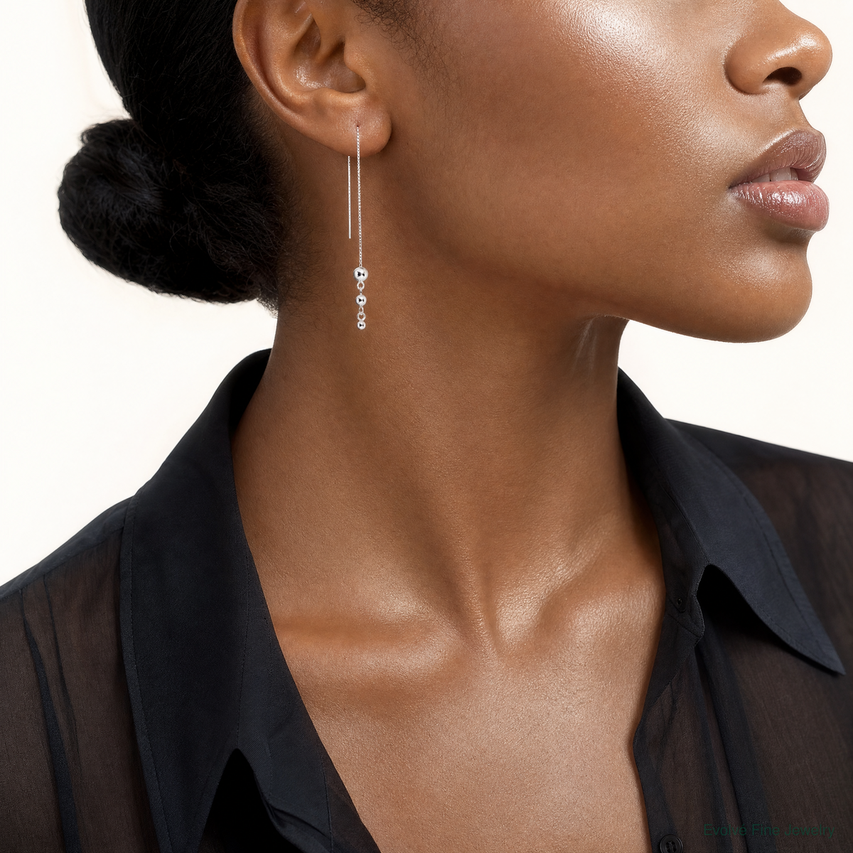 Sterling Silver Polished Triple Graduated Ball Threader Earrings - Model Shot