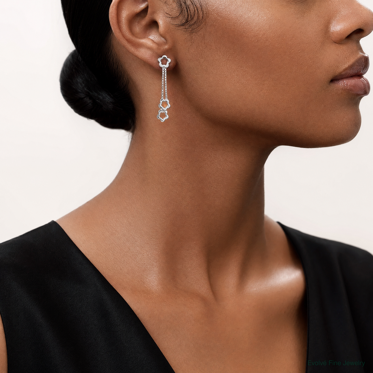 Sterling Silver Flower Dangle Earrings - Model Shot