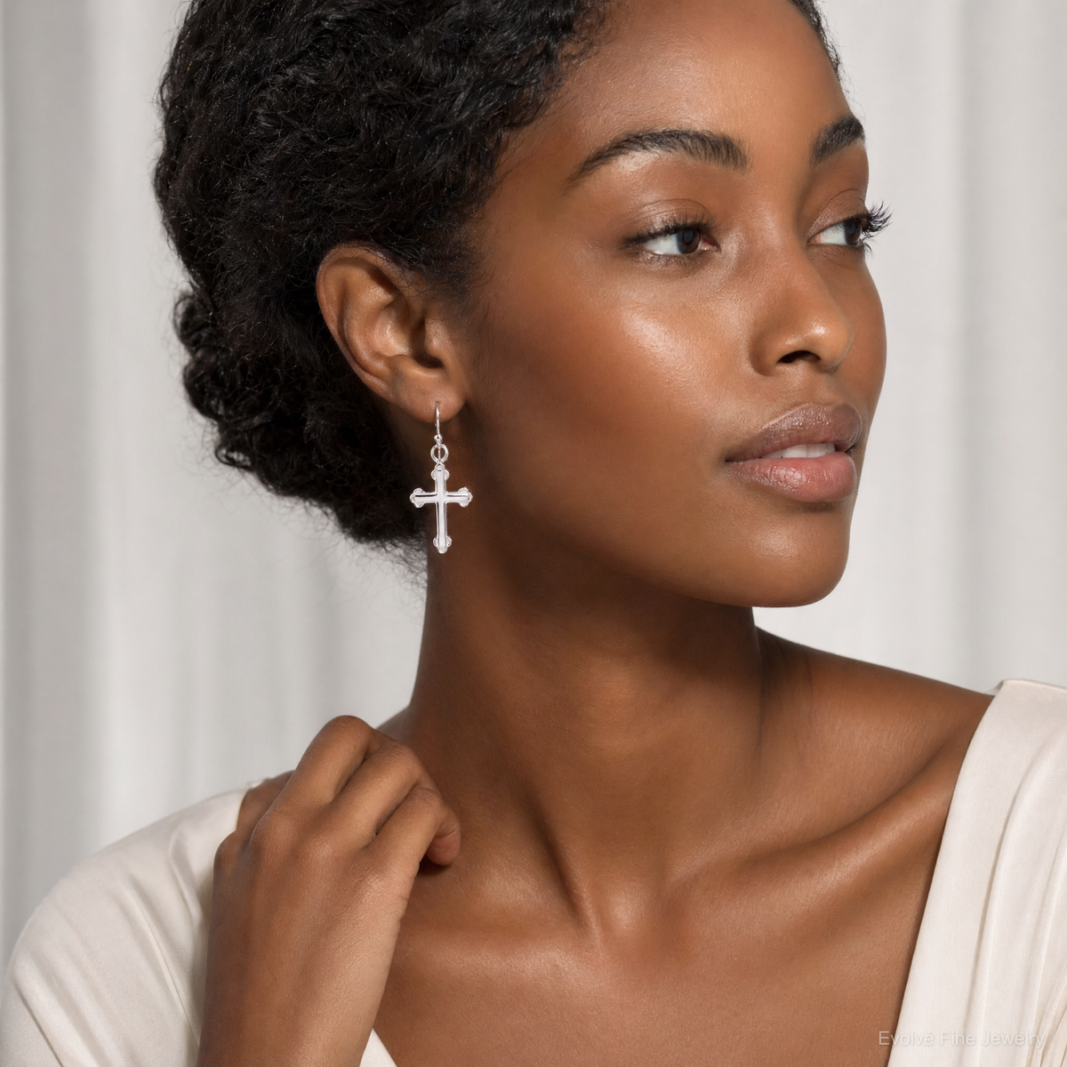 Sterling Silver Polished Budded Cross Dangle Earrings - Model Shot