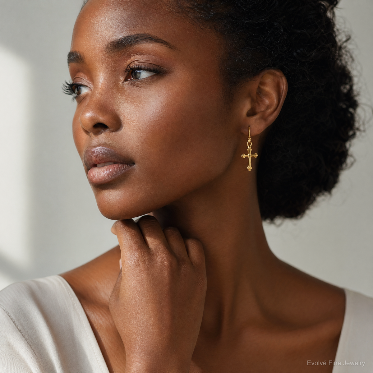 Sterling Silver Gold-tone Polished Budded Cross Dangle Earrings - Model Shot