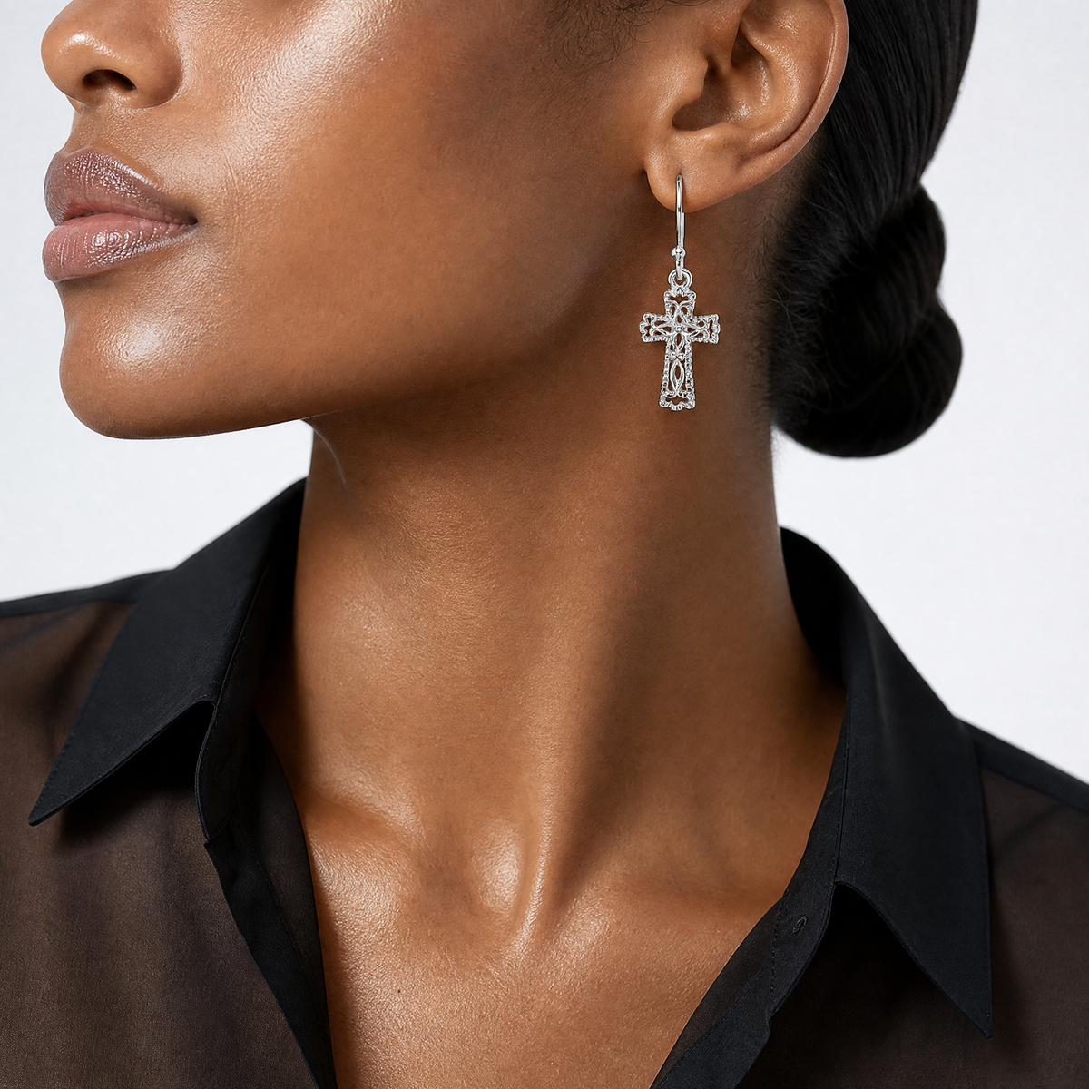 Sterling Silver Polished & Textured Cross Dangle Earrings - Model Shot