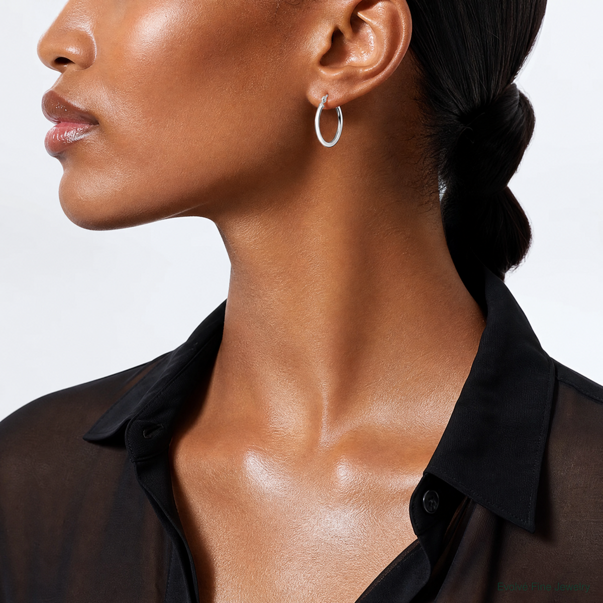 Sterling Silver Rhodium-plated 2mm Round Hoop Earrings - Model Shot