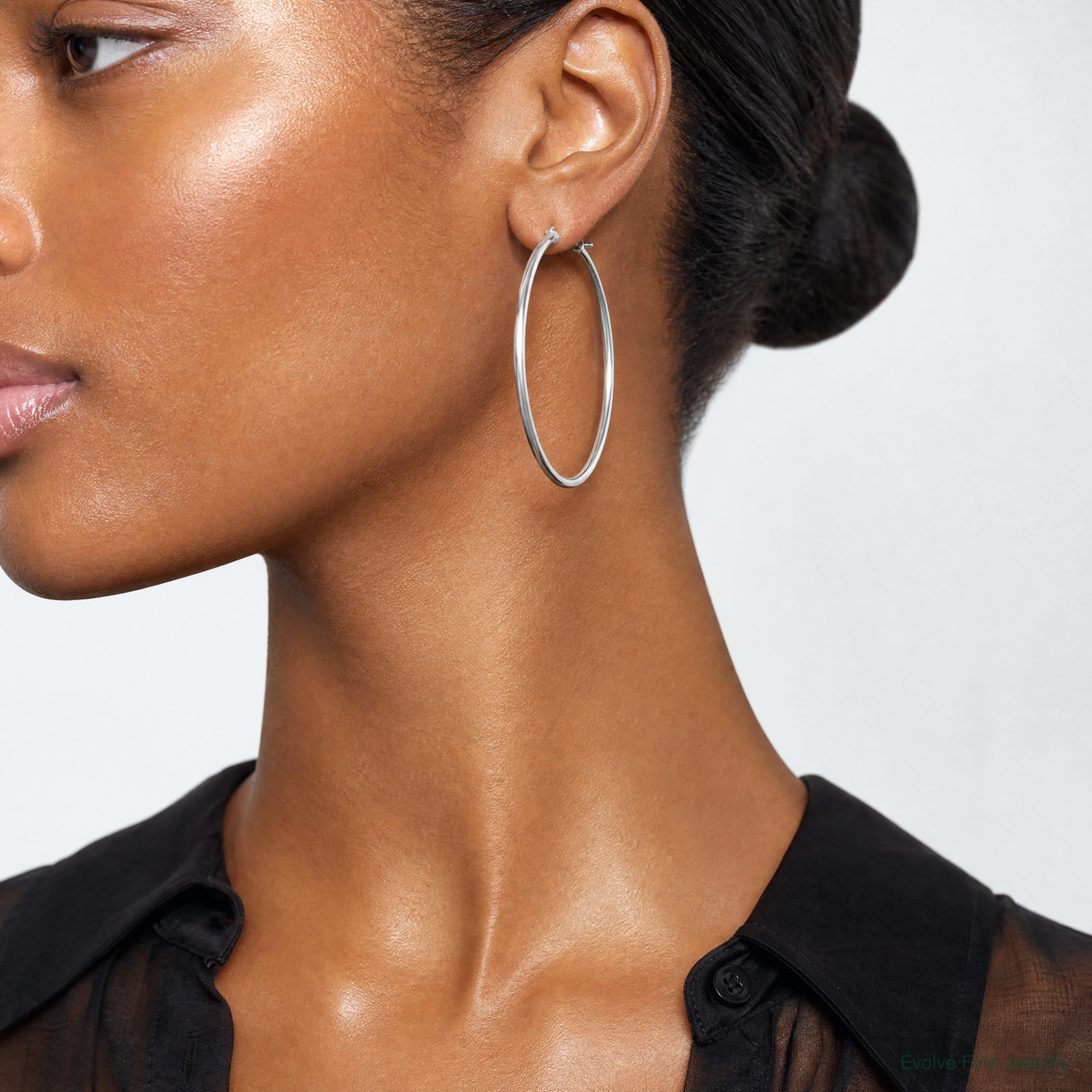 Sterling Silver Rhodium-plated 2mm Round Hoop Earrings - Model Shot