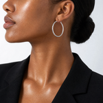 Sterling Silver Rhodium-plated 2mm Diamond Cut Hoop Earrings - Model Shot