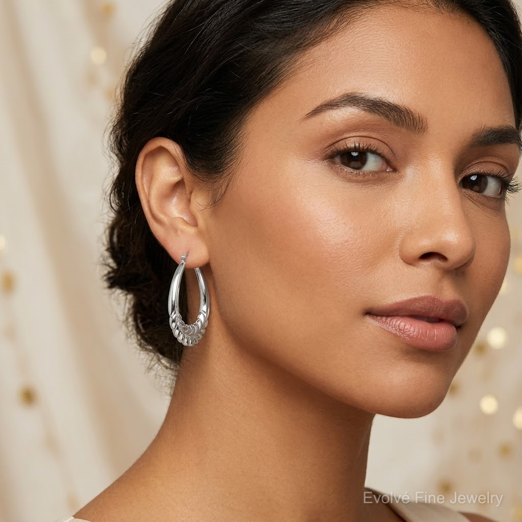 Sterling Silver Rhod-plated Polished Wheat Shrimp Oval Hoop Earrings - Model Shot