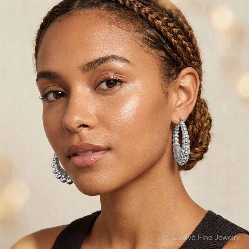 Sterling Silver Rhodium-plated Polished Shrimp Oval Hoop Earrings - Model Shot