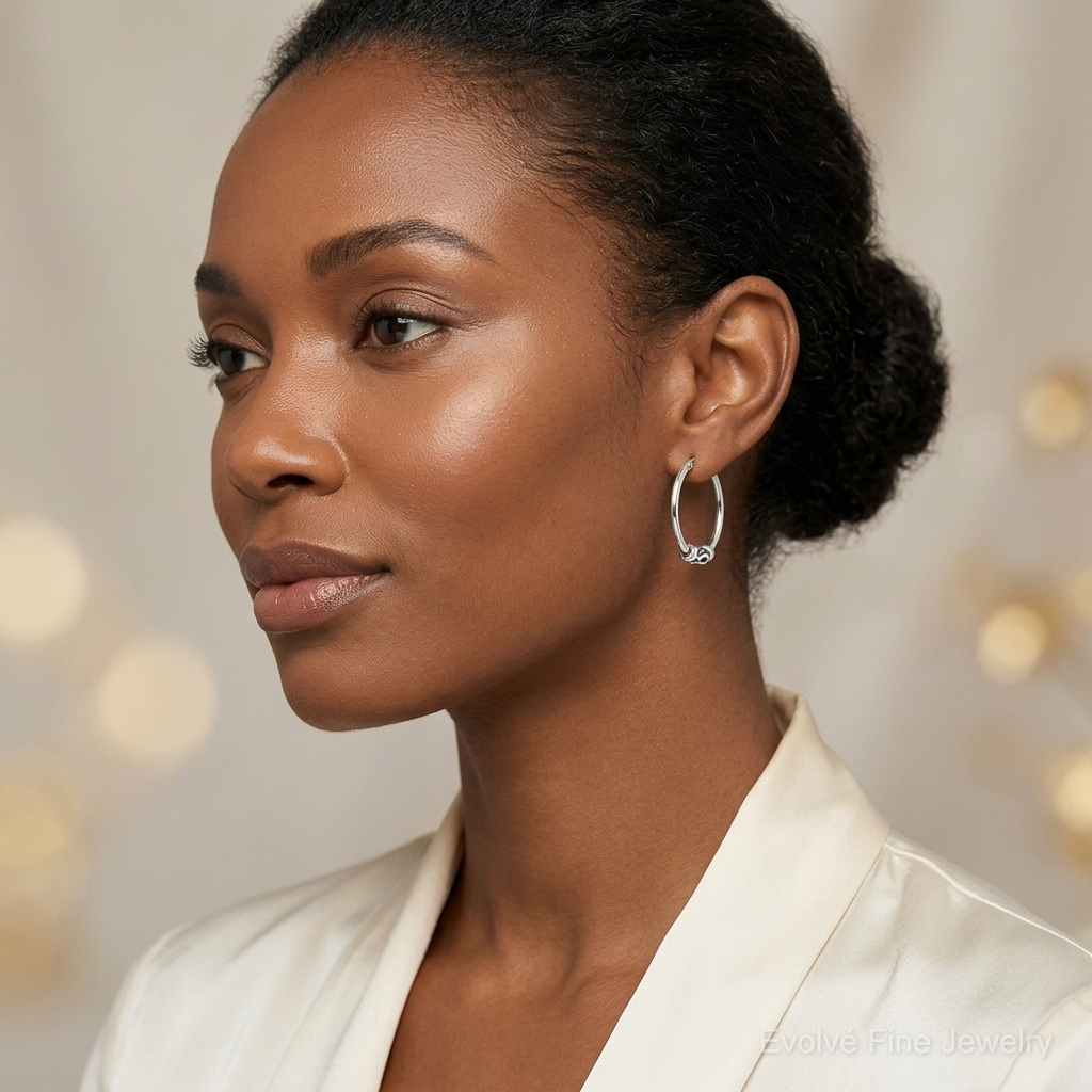 Sterling Silver Antiqued Hoop Earrings - Model Shot