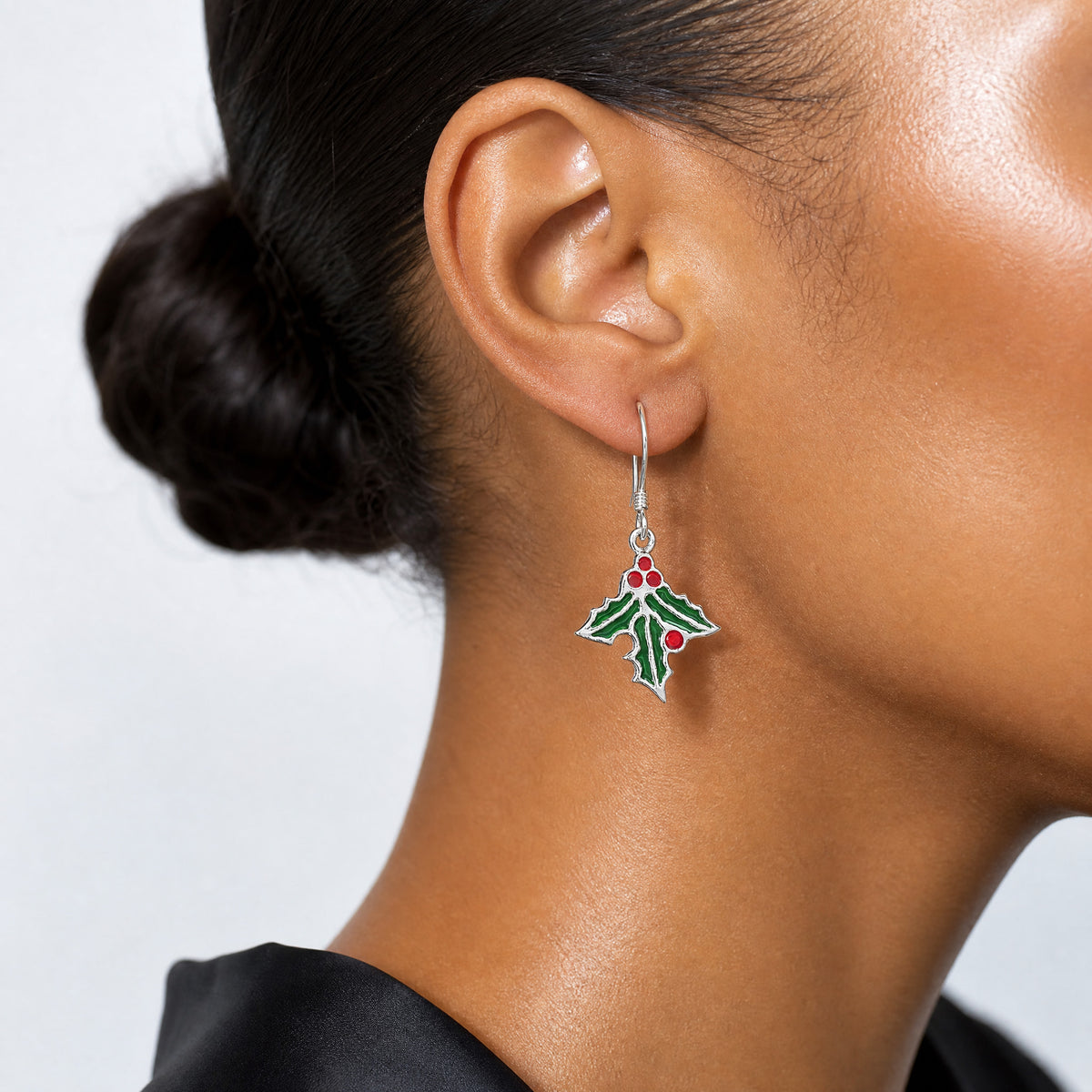 Sterling Silver Enameled Holly Earrings - Model Shot