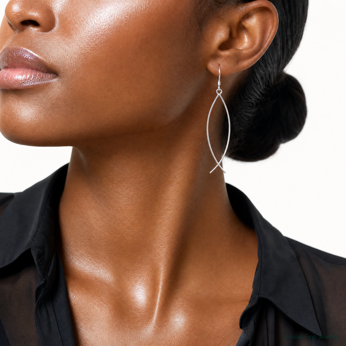 Sterling Silver Polished Ichthus Dangle Earrings - Model Shot