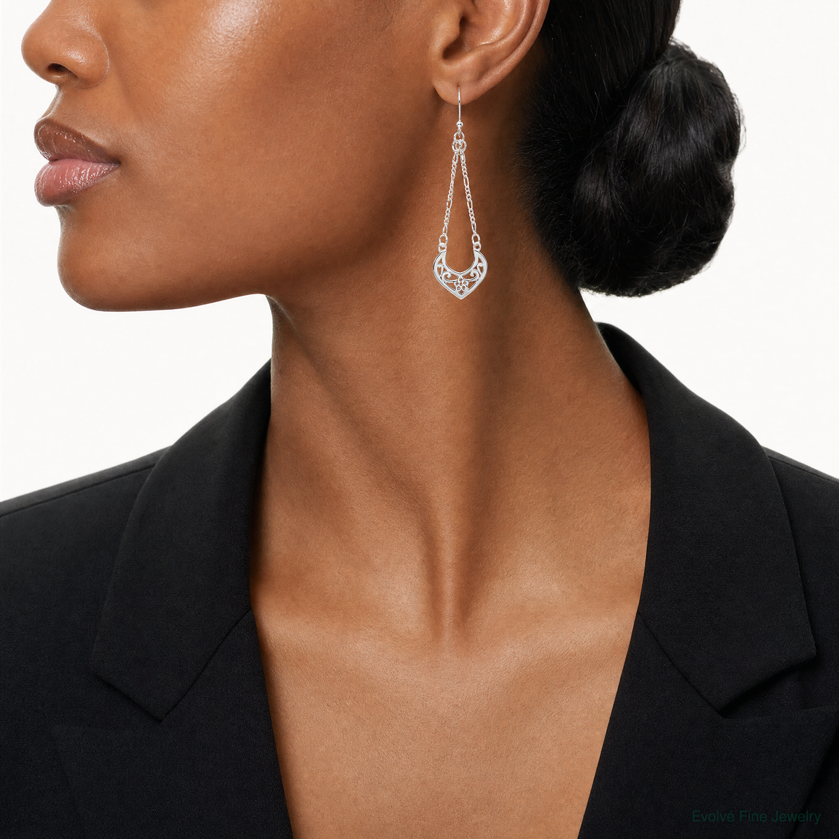 Sterling Silver Rhodium-plated Filigree Dangle Earrings - Model Shot