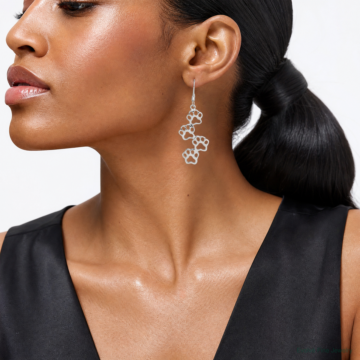 Sterling Silver Four Paw Prints Earrings - Model Shot