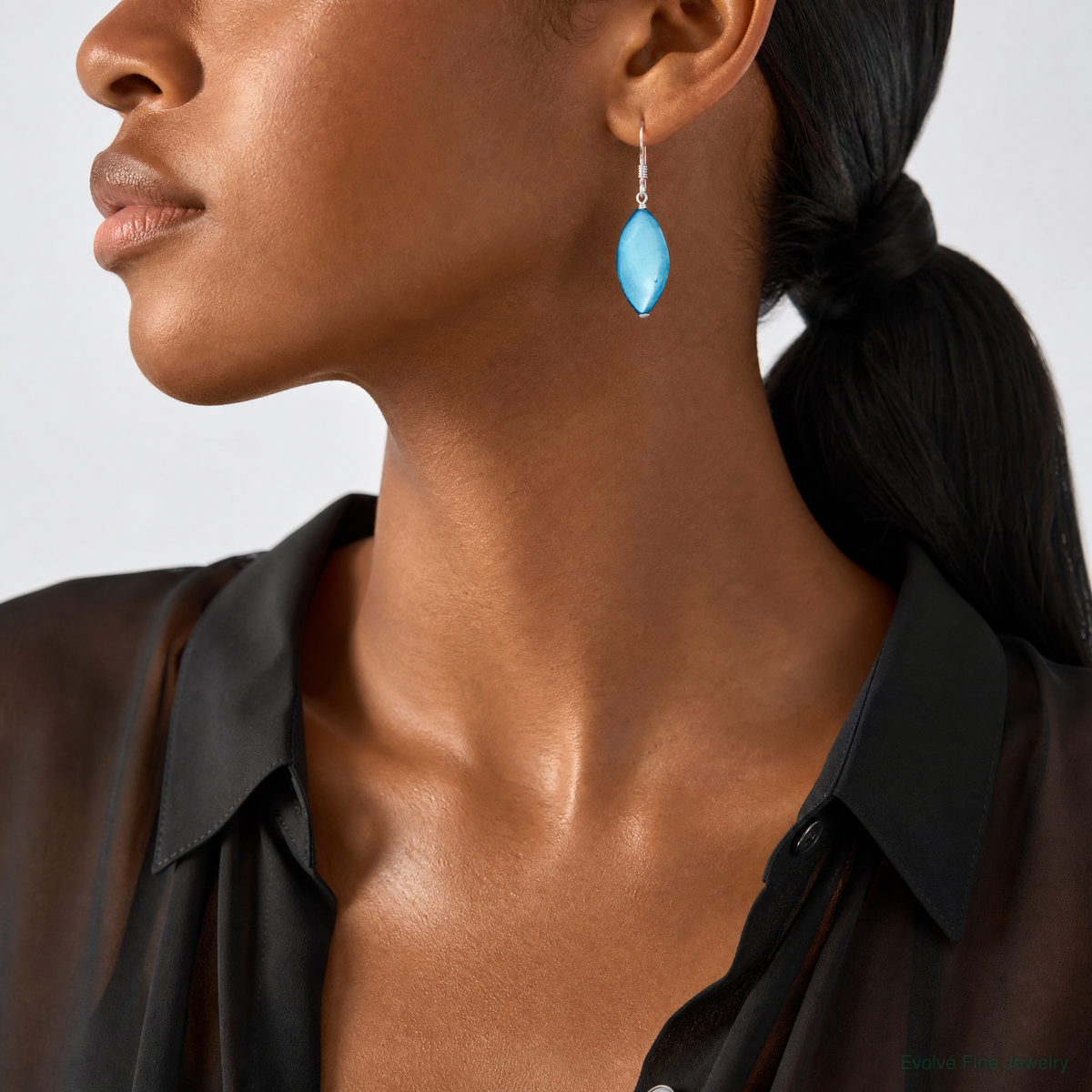 Sterling Silver Polished Blue Mother of Pearl Marquise Dangle Earrings - Model Shot