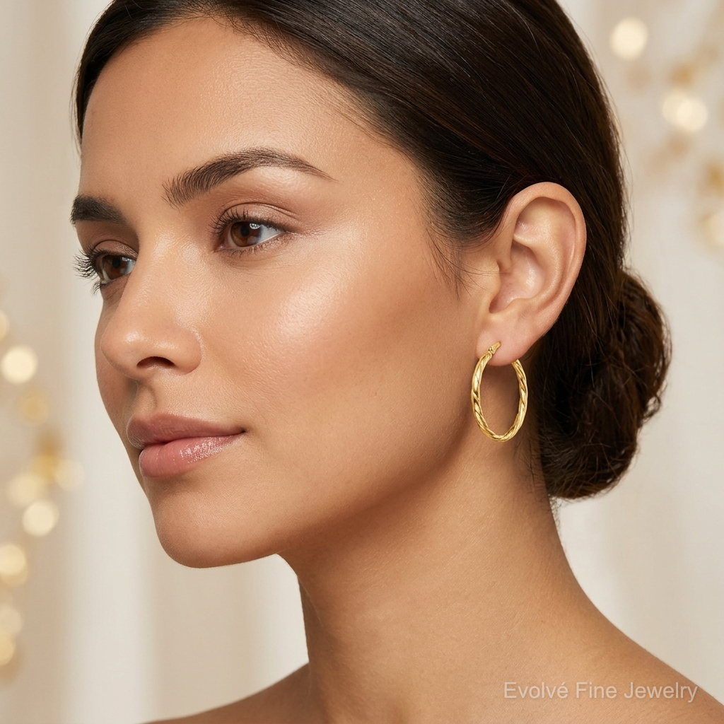 Sterling Silver Gold Flash Plated Twisted 3x25mm Hoop Earrings - Model Shot