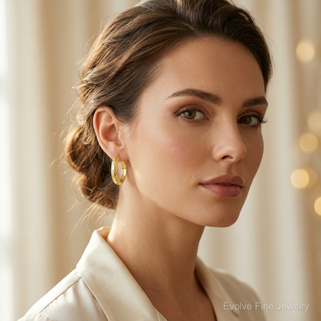 Sterling Silver Gold Flash Plated Patterned 4x25mm Hoop Earrings - Model Shot
