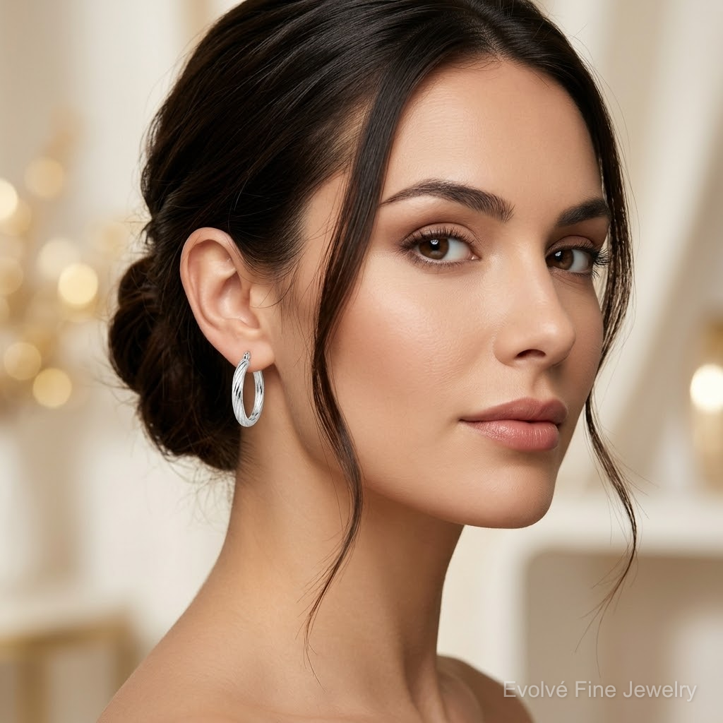 Sterling Silver Rhodium-plated Textured 20mm Hoop Earrings - Model Shot