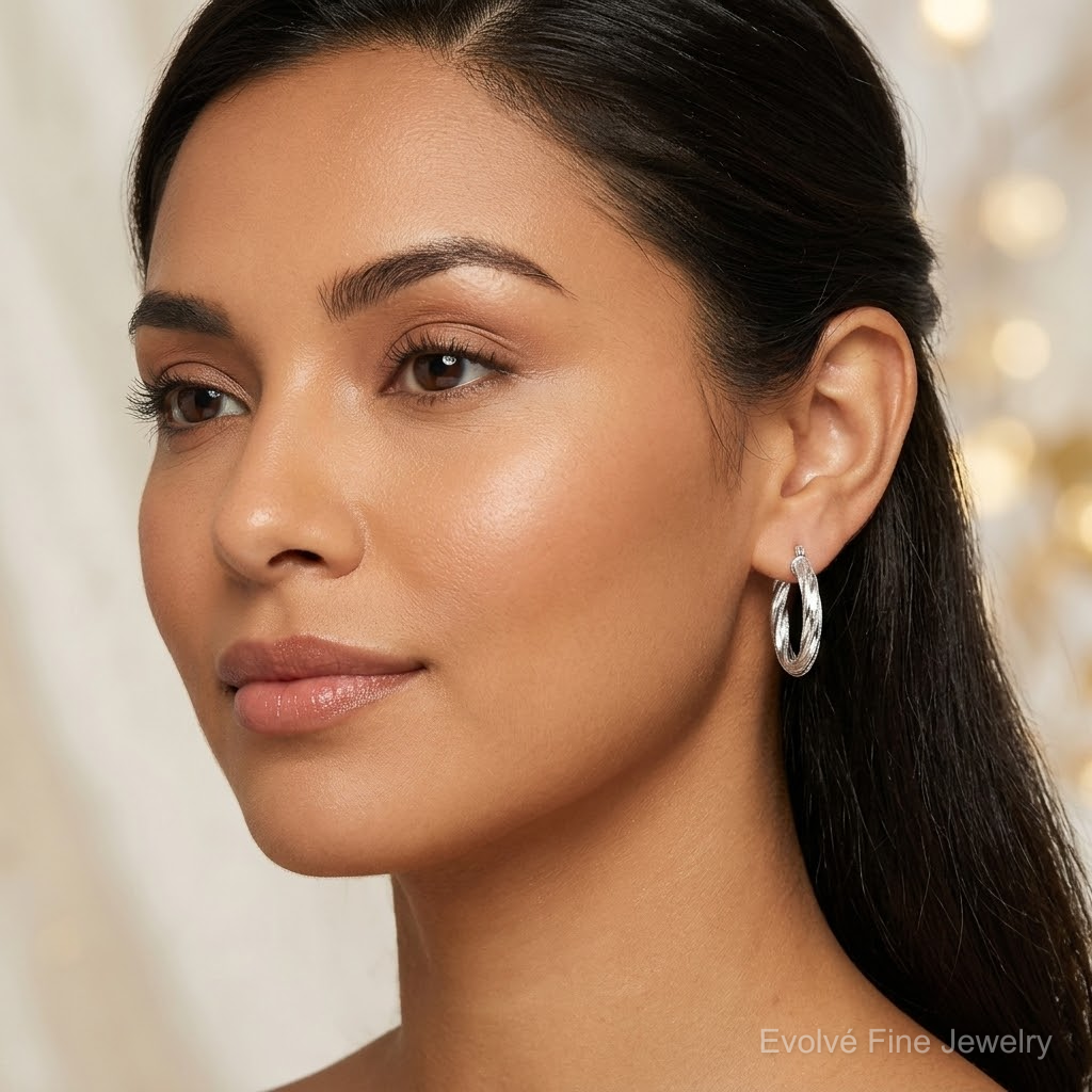 Sterling Silver Rhod-plated Patterned Twisted 4x25mm Hoop Earrings - Model Shot