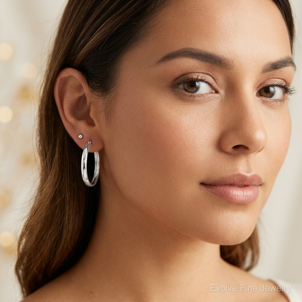 Sterling Silver Rhodium-plated 6x30mm Polished Hoop Earrings - Model Shot