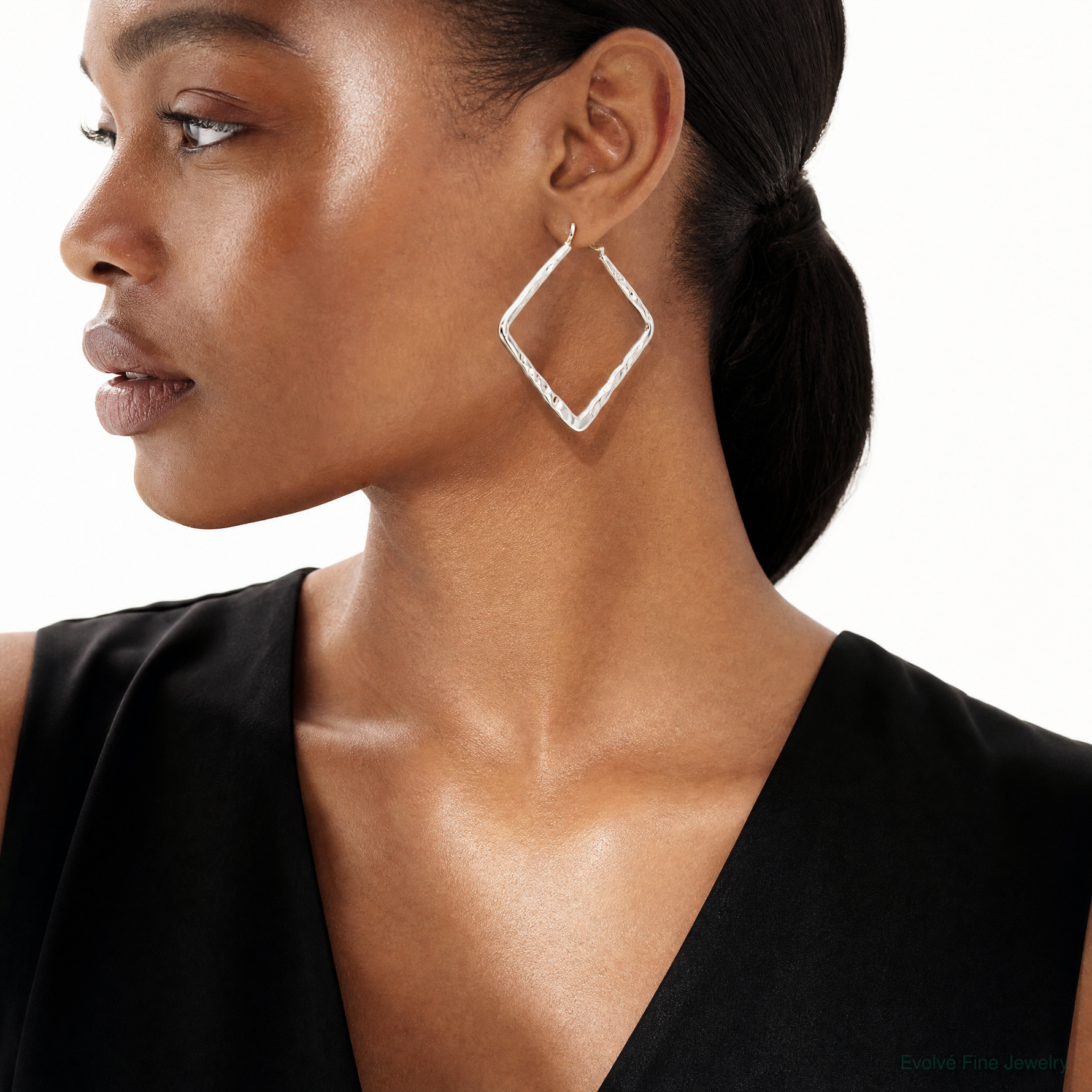 Sterling Silver Rhod-pltd Polished/Hammered Square Hoop Earrings - Model Shot