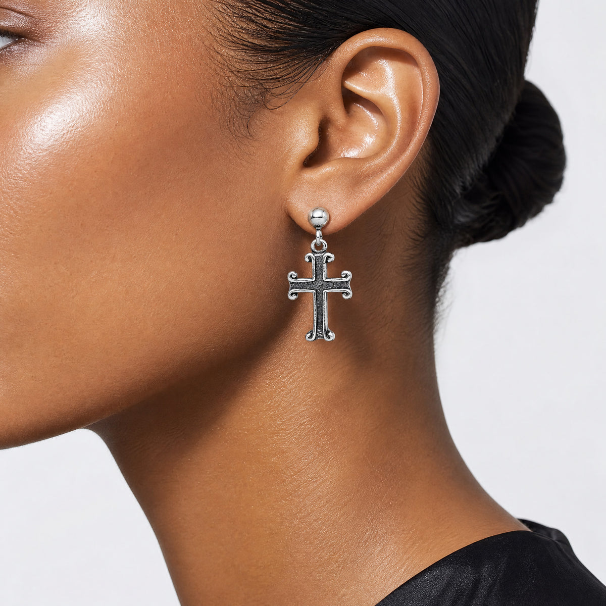 Sterling Silver Polished & Antiqued Cross Post Dangle Earrings - Model Shot