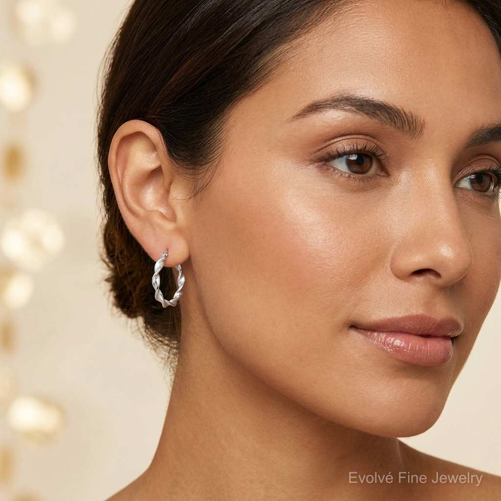 Sterling Silver Rhodium-plated Polish and Satin 2.5mm Twist Hoop Earrings - Model Shot