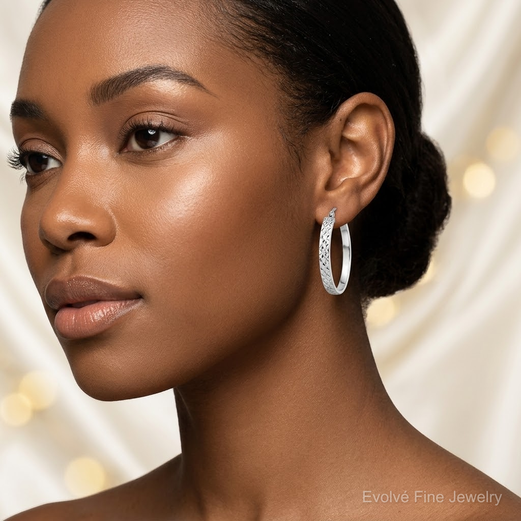 Sterling Silver Rhodium-plated Diamond-cut 4mm Oval Hoop Earrings - Model Shot