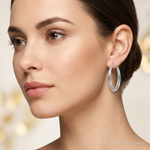 Sterling Silver Rhodium Plated Textured Double Oval Hoop Earrings - Model Shot