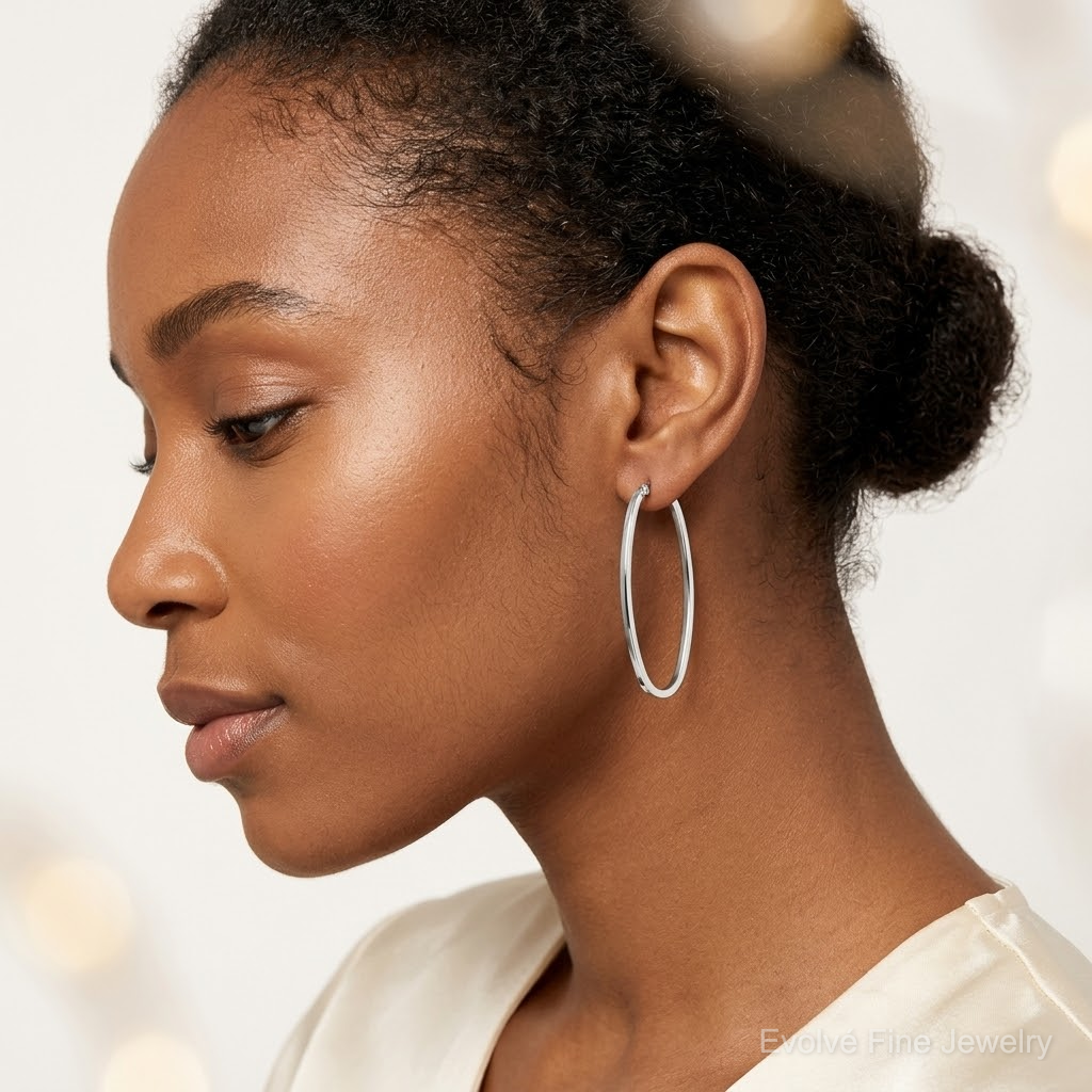 Sterling Silver Rhodium-plated 2mm Square Tube Oval Hoop Earrings - Model Shot
