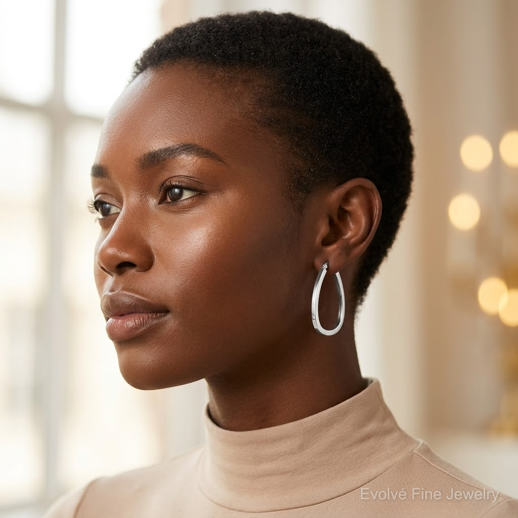 Sterling Silver Rhod-plated Square Tube 4mm Teardrop Hoop Earrings - Model Shot