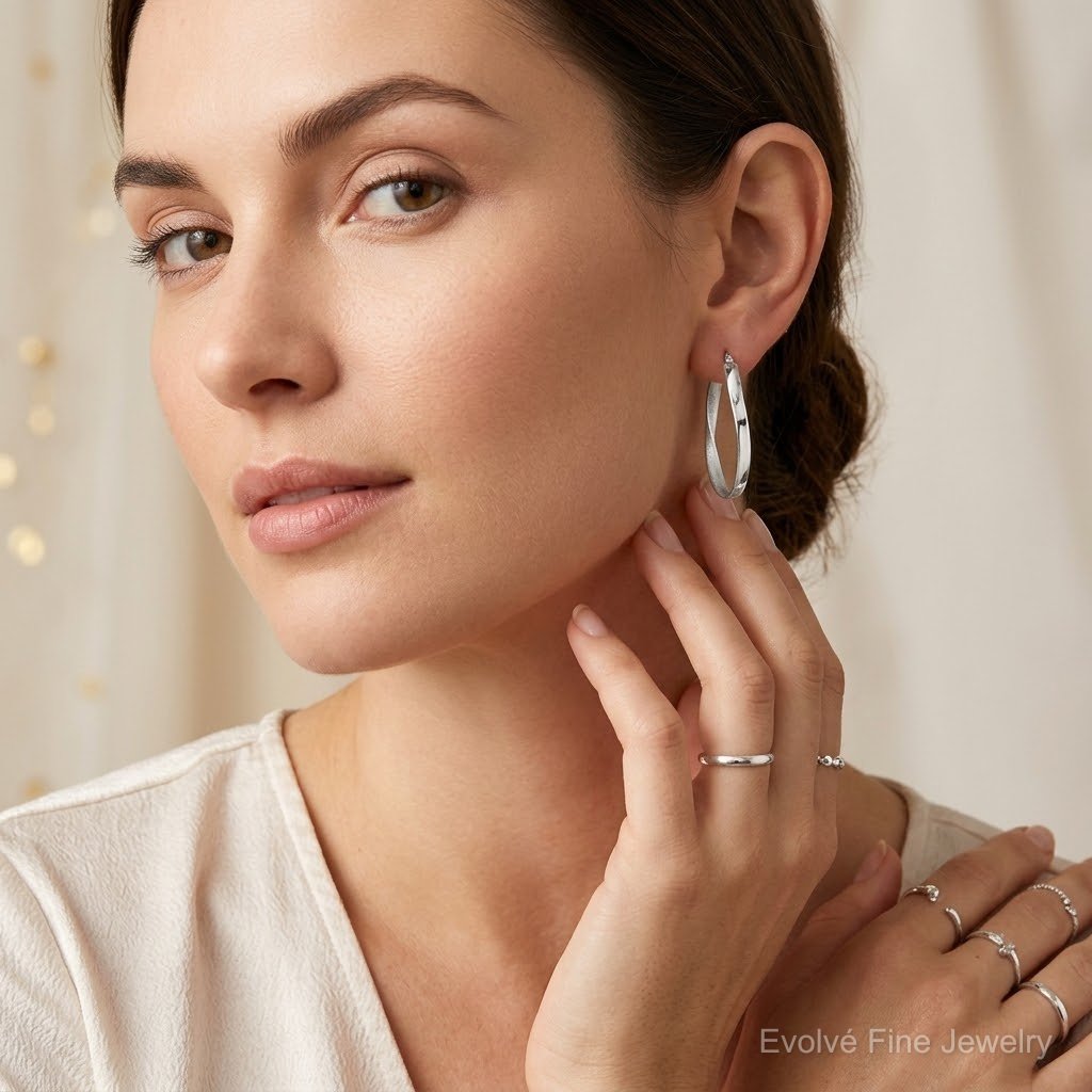 Sterling Silver RH-plated Polished/Satin Twisted Oval Hoop Earrings - Model Shot