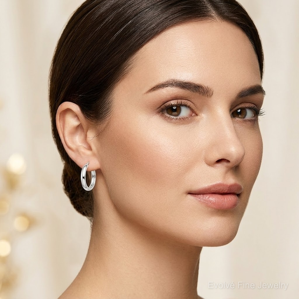 Sterling Silver Polished 6mm Round Hoop Earrings - Model Shot