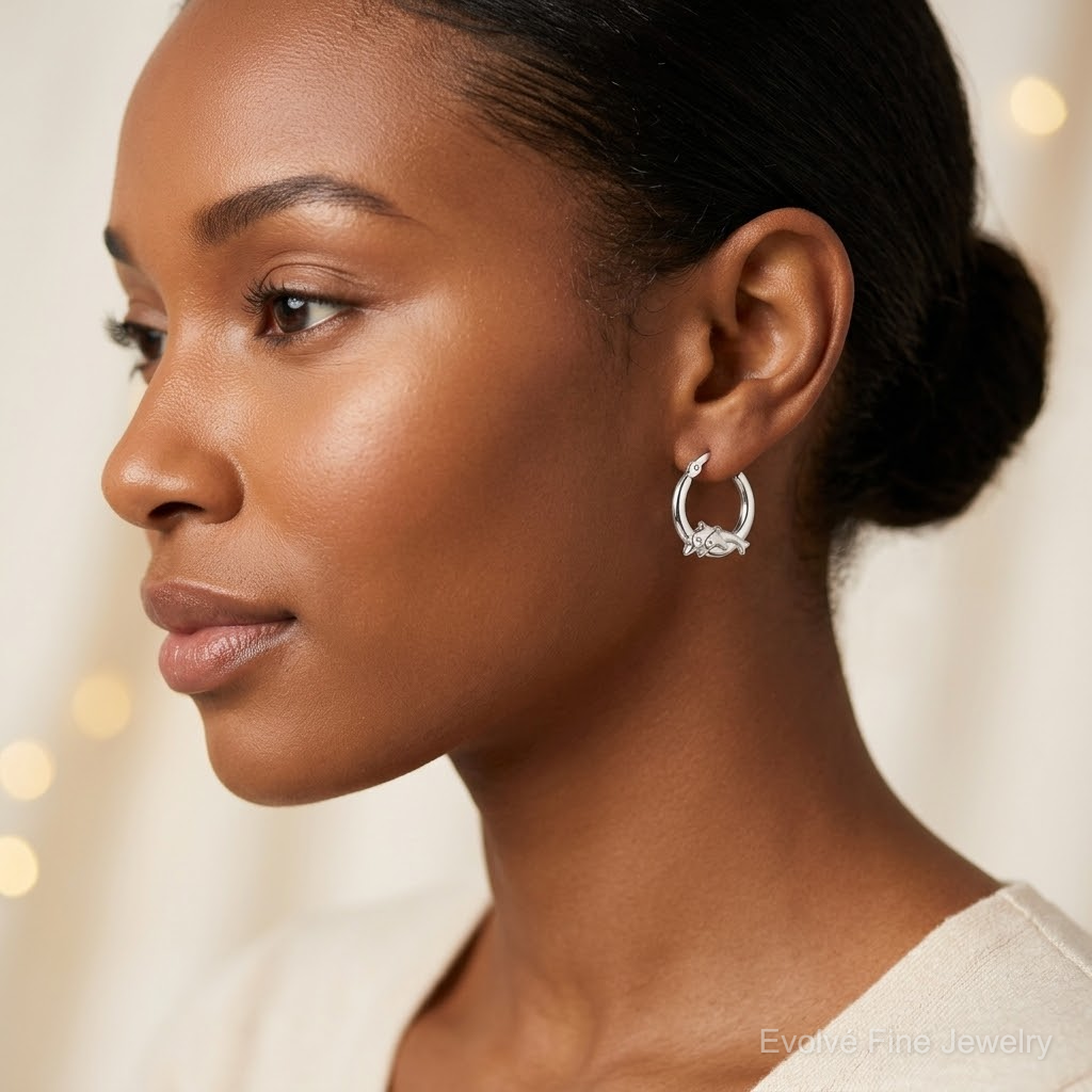 Sterling Silver Rhodium-plated Polished Dolphin Round Hoop Earrings - Model Shot