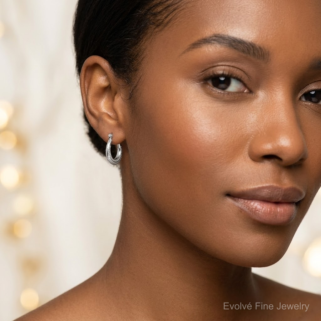 Sterling Silver Rhodium-plated Textured Hollow Hoop Earrings - Model Shot
