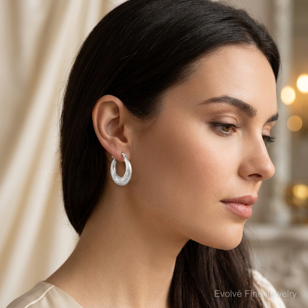 Sterling Silver Rhodium Plated Diamond Cut Hoop Earrings - Model Shot