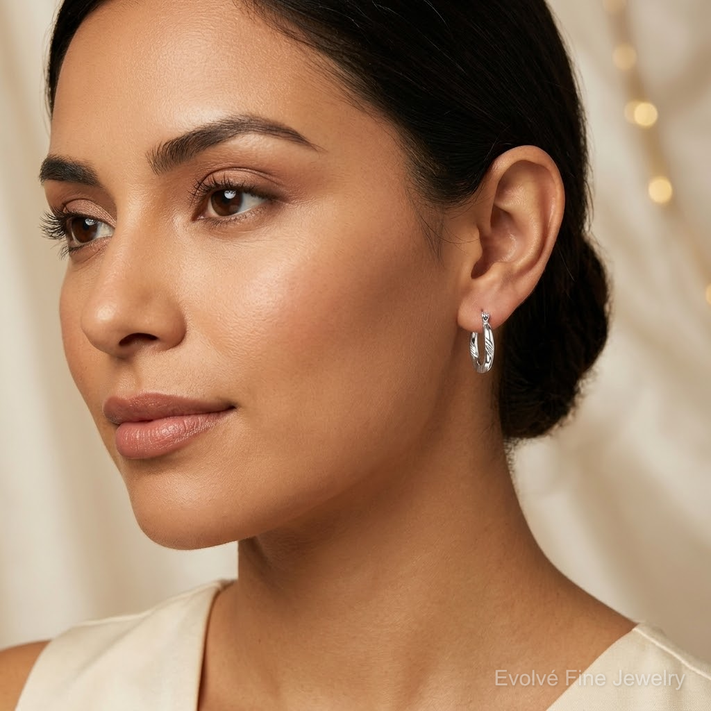 Sterling Silver Rhodium Plated Hoop Earrings - Model Shot