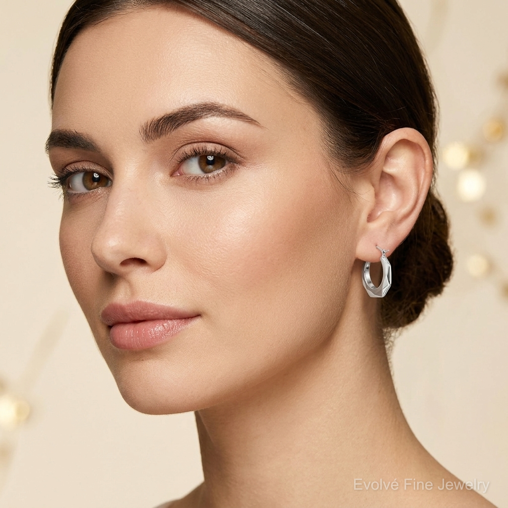Sterling Silver Rhodium-plated Polished Hollow Hoop Earrings - Model Shot