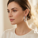Sterling Silver Rhodium Plated Textured Fancy Hoop Earrings - Model Shot