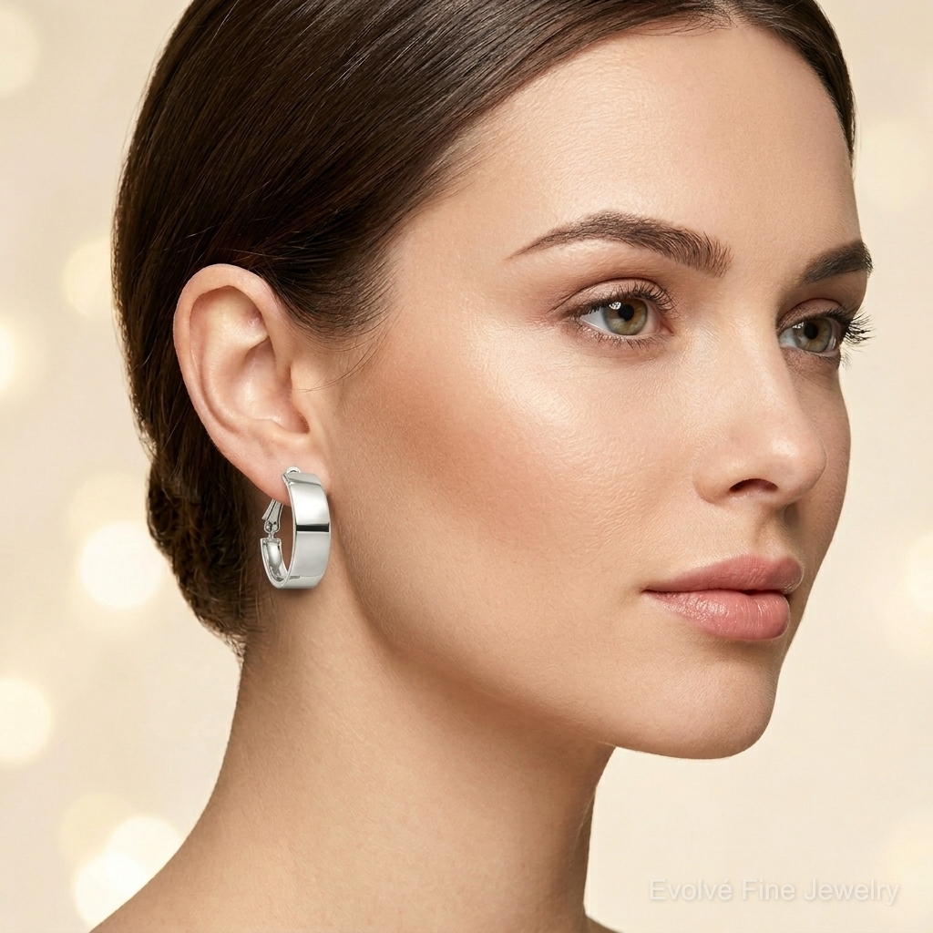 Sterling Silver Rhod-pltd Polish 10mm Omega Back Oval Hoop Earrings - Model Shot