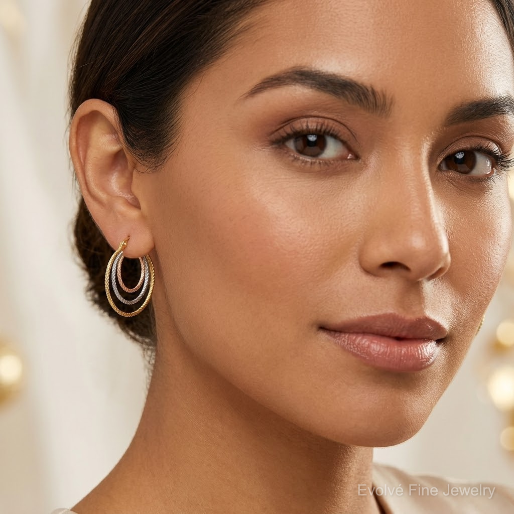 Sterling Silver Rhod-plated Yellow/Rose Vermeil 1.5mm Triple Hoop Earrings - Model Shot
