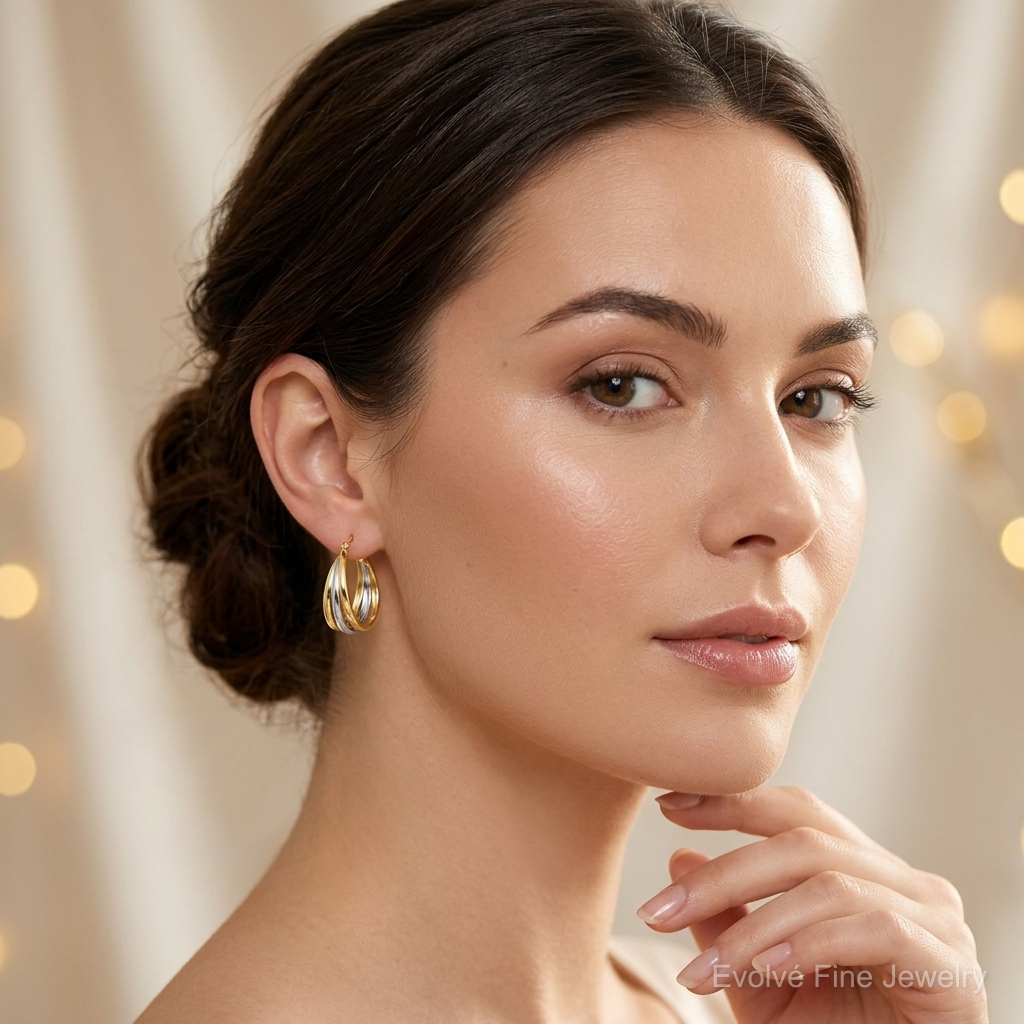 Sterling Silver Rhodium-plated Vermeil Triple Hoop Earrings - Model Shot