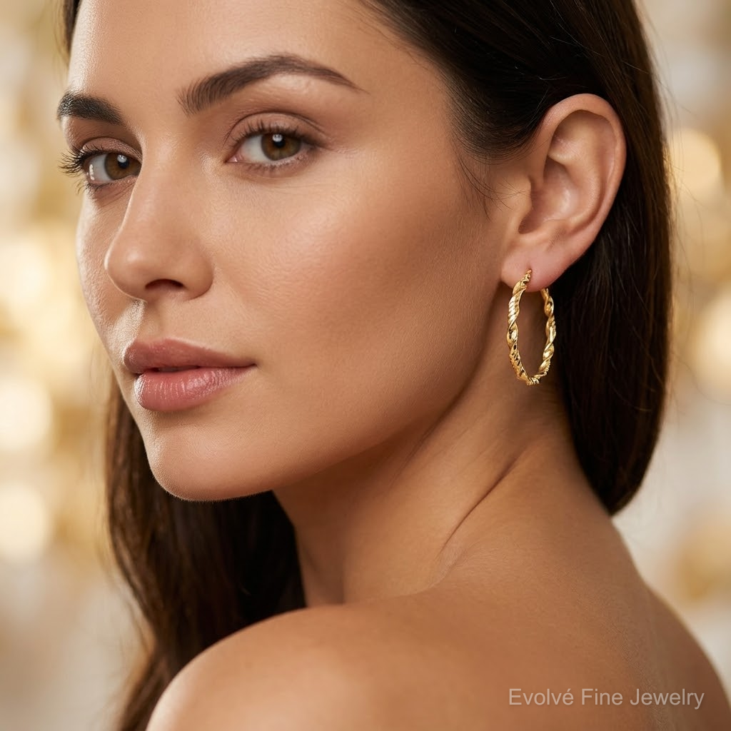 Sterling Silver Gold-plated 3x30mm Diamond-cut Twisted Hoop Earrings - Model Shot