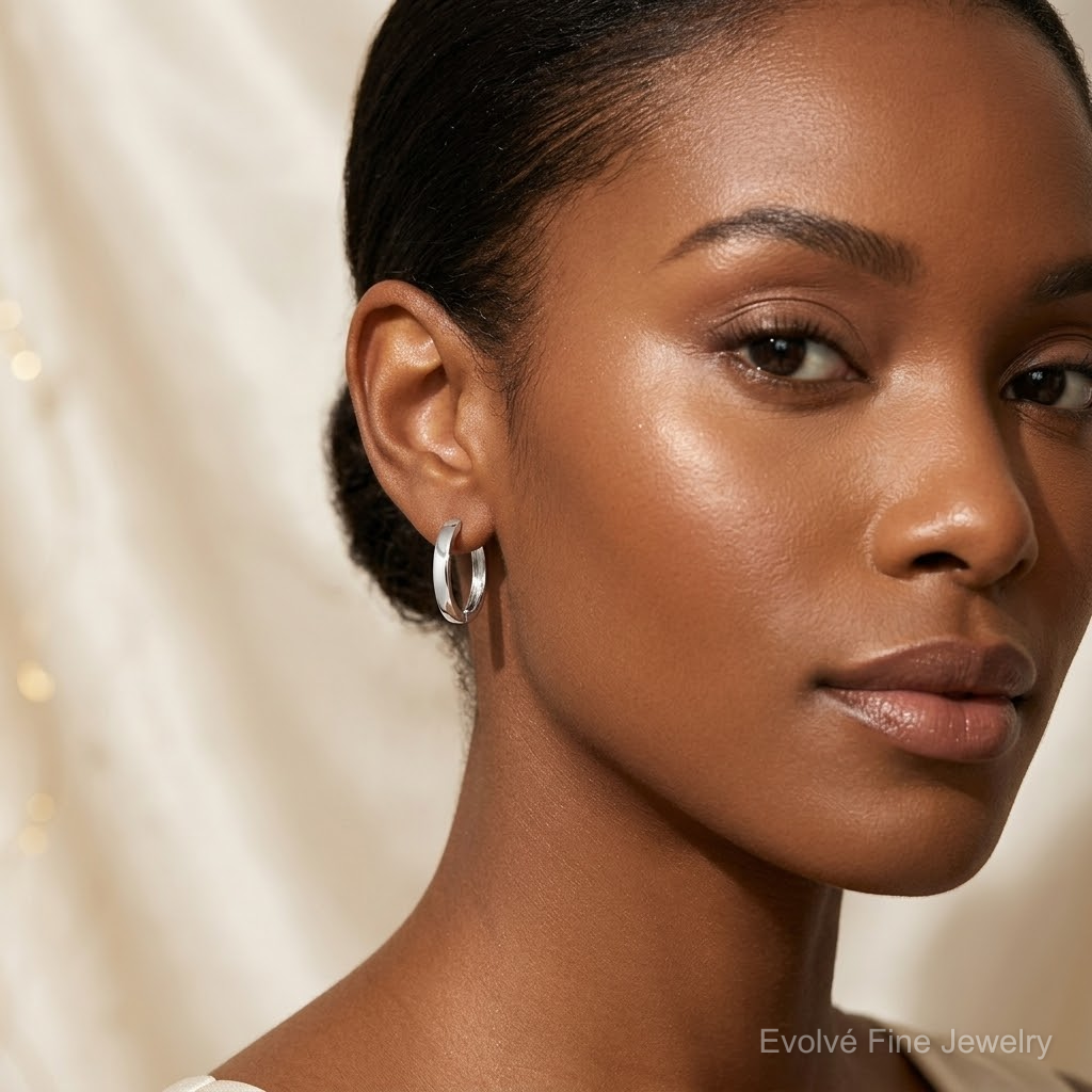 Sterling Silver Rhodium Polished Hinged Hoop Earrings - Model Shot