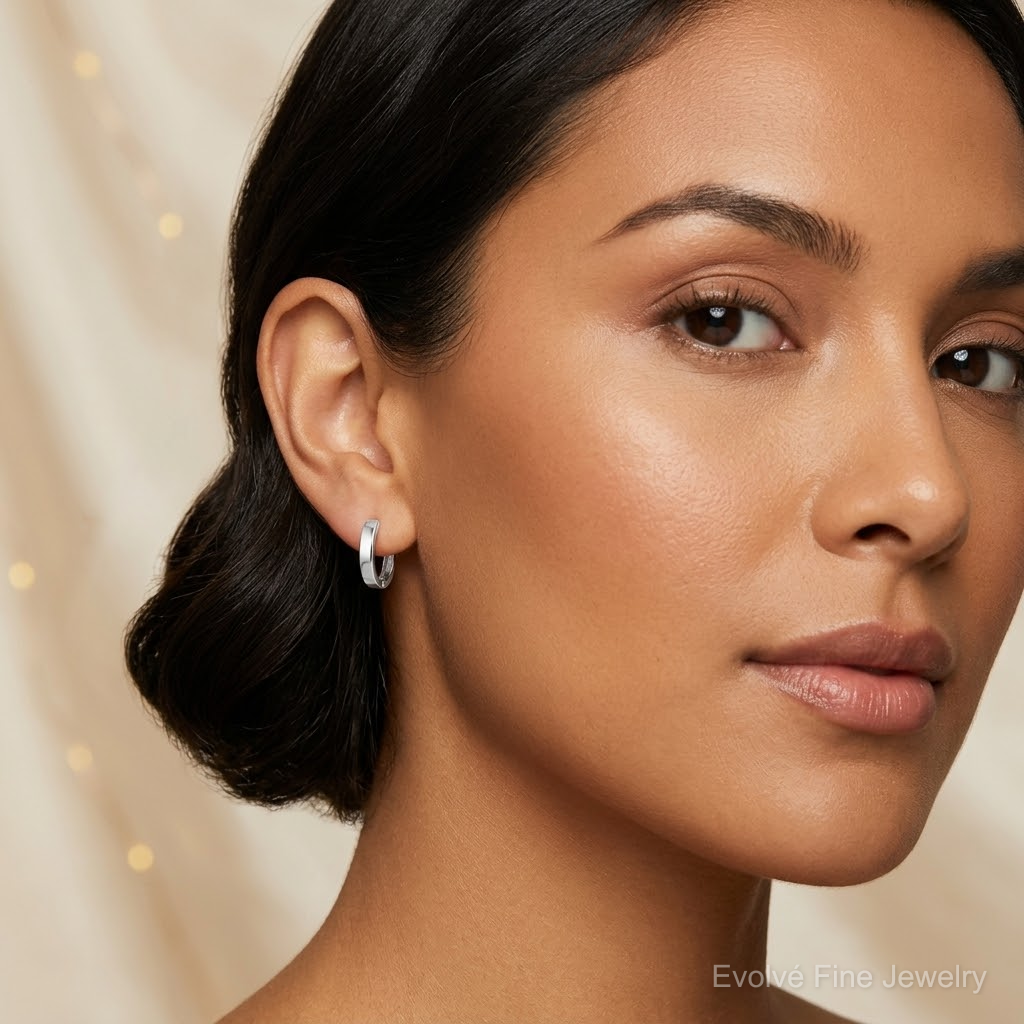 Sterling Silver Rhodium Polished Hinged Hoop Earrings - Model Shot