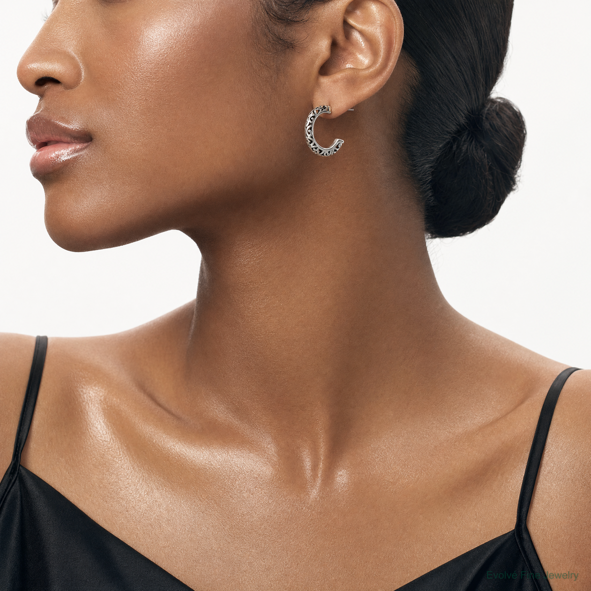 Sterling Silver Antique Post Hoop Earrings - Model Shot