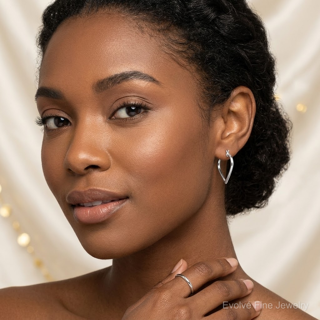 Sterling Silver Rhodium Plated Heart Hoop Earrings - Model Shot