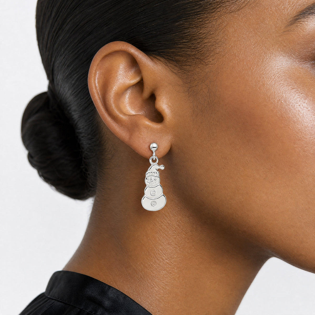 Sterling Silver Polished Snowmen Post Dangle Earrings - Model Shot
