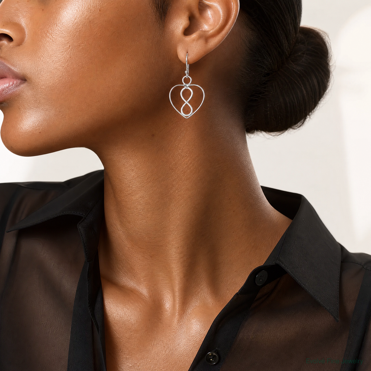 Sterling Silver Rhodium-plated Polished Infinity Open Heart Dangle Earrings - Model Shot