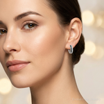 Sterling Silver RH-plated Black & White CZ Hinged Round Hoop Earrings - Model Shot
