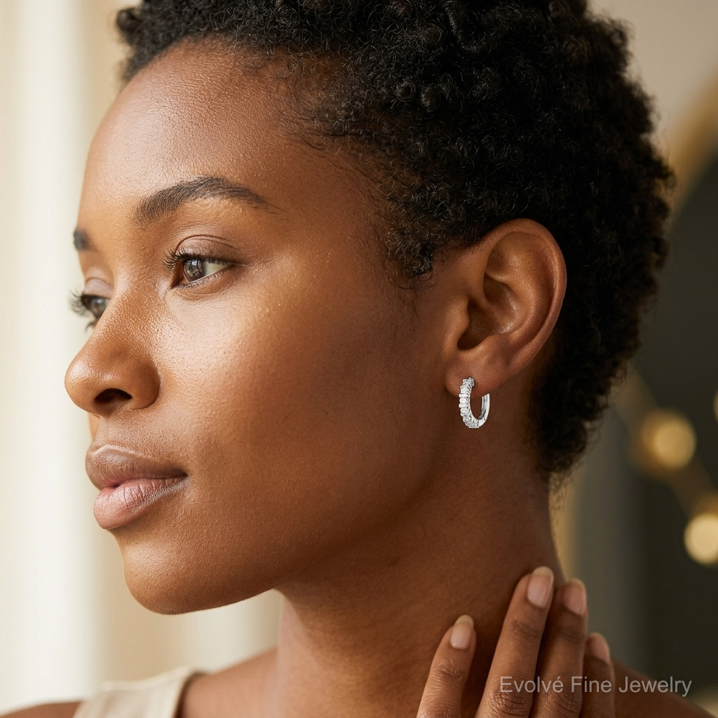 Sterling Silver Rhodium-plated CZ Hinged Earrings - Model Shot